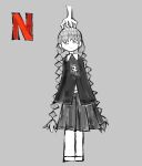  absurdres addams_family black_coat braid coat greyscale highres jewelry jitome kiroku0000 looking_to_the_side monochrome necklace netflix pleated_skirt product_placement skirt skull_necklace thing_(addams_family) twin_braids wednesday_addams 
