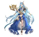  1girl asymmetrical_legwear axe azura_(fire_emblem) azura_(song&#039;s_reflection)_(fire_emblem) barefoot blue_hair dress elbow_gloves fake_horns fingerless_gloves fire_emblem fire_emblem_fates fire_emblem_heroes full_body gloves hair_between_eyes hairband horned_headwear horns jewelry juliet_sleeves long_hair long_sleeves official_art puffy_sleeves second-party_source simple_background smile solo teffish veil very_long_hair white_veil yellow_eyes 