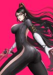  1girl absurdres artist_name ass bayonetta bayonetta_(series) black_bodysuit black_hair bodysuit breasts cowboy_shot dangle_earrings earrings from_behind glasses gloves green_eyes hair_tie high_ponytail highres holding holding_weapon hui_z_jie jewelry large_breasts lips lipstick long_hair looking_at_viewer looking_back makeup medium_breasts mole mole_under_mouth open_mouth parted_lips ponytail red_background sideboob sidelocks simple_background skin_tight solo standing thighs turtleneck very_long_hair weapon white_gloves white_stripes 