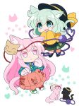  2girls :&lt; :3 :d animal_ear_fluff animal_ears animal_hands animal_print black_hat blue_shirt blush_stickers bright_pupils cat_ears cat_girl cat_mask cat_print cat_tail chibi chibi_only closed_mouth colored_eyelashes commentary_request frilled_sleeves frills green_eyes green_hair green_skirt hair_between_eyes hands_up hat hat_ribbon hata_no_kokoro heart highres jitome kemonomimi_mode komeiji_koishi long_hair looking_at_another mask mask_on_head medium_hair multiple_girls open_mouth orange_skirt paw_print pink_eyes pink_hair plaid plaid_shirt ribbon rizleting shirt sidelocks simple_background skirt sleeves_past_fingers sleeves_past_wrists smile standing tail tareme third_eye touhou tsurime very_long_hair wavy_hair white_background white_pupils wide_sleeves yellow_ribbon 