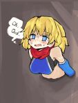  1girl alice_margatroid blonde_hair blue_eyes blue_gloves blush breasts brown_background commentary_request cookie_(touhou) elbow_gloves english_text fishnet_top fishnets gloves kanakamei1 medium_bangs medium_breasts medium_hair open_mouth red_scarf scarf solo sweat through_wall touhou upper_body web_(cookie) 