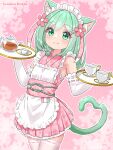  1girl absurdres animal_ear_fluff animal_ears apron blush braid cat_ears cat_girl cat_tail closed_mouth cup elbow_gloves floral_print flower frilled_apron frills gloves green_eyes green_hair hair_flower hair_ornament hairclip hazakura_hinata highres holding holding_tray japanese_clothes kimono looking_at_viewer maid maid_headdress obi original pink_background pink_flower pink_kimono ribbon_trim sash sleeveless sleeveless_kimono smile solo tail teacup teapot thighhighs tray variant_set white_apron white_thighhighs 