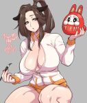  1girl agawa_ryou animal_ears artist_name bangs breasts brown_eyes brown_hair calligraphy_brush chinese_zodiac cleavage collarbone commentary cowboy_shot daruma_doll dated english_commentary grey_background gym_shorts hand_up high_ponytail horse_ears huge_breasts jacket long_hair long_sleeves looking_to_the_side no_bra numbered orange_shorts original paintbrush parted_bangs parted_lips partially_unzipped short_shorts shorts sidelocks simple_background sitting solo straight_hair turtleneck white_jacket year_of_the_rabbit 