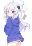  1girl ass blue_archive blue_halo blue_hoodie blush braid closed_mouth cowboy_shot grey_hair halo highres hood hood_down hoodie konu long_hair long_sleeves looking_at_viewer miyako_(blue_archive) miyako_(young)_(blue_archive) one_side_up panties pout purple_eyes simple_background solo underwear white_background white_panties 