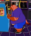 anthro arcade_game arcade_machine belly black_hair brown_body brown_fur clothed clothing donkey_kong_(series) eyewear fur gaming glasses hair hyena joust_(game) male mammal markings moobs nintendo obese obese_anthro obese_male osos overweight overweight_anthro overweight_male pac-man_(series) playing_video_game punch-out!! smile solo spots spotted_body spotted_fur spotted_hyena standing tan_body tan_fur thick_thighs tron