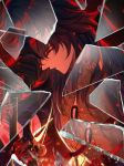  1boy black_gloves blade_(honkai:_star_rail) broken_glass flower from_side glass gloves head_rest highres holding holding_sword holding_weapon honkai:_star_rail honkai_(series) long_hair looking_at_viewer male_focus red_theme reflection sideways solo spider_lily sword theazureciel weapon 