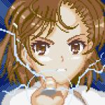  1girl aiming aiming_at_viewer blue_background brown_eyes brown_hair clenched_teeth coin commentary_request electricity electrokinesis hand_up holding holding_coin incoming_attack jx7d-kjm looking_at_viewer lowres medium_bangs medium_hair misaka_mikoto partial_commentary pixel_art portrait psychic railgun_(misaka_mikoto) shirt solo teeth toaru_kagaku_no_railgun toaru_majutsu_no_index v-shaped_eyebrows white_shirt 