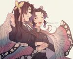  2girls :d absurdres belt belt_buckle black_hair black_jacket buckle butterfly_hair_ornament closed_eyes demon_slayer_uniform floating_hair gradient_hair grey_background grin hair_intakes hair_ornament haori highres holding_hands interlocked_fingers jacket japanese_clothes kimetsu_no_yaiba kochou_kanae kuze_0131 long_hair long_sleeves multicolored_hair multiple_girls purple_hair short_hair siblings sisters smile tsuyuri_kanao twitter_username white_belt 