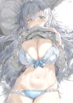  1girl absurdres blue_bra blue_eyes blue_panties bra breasts cleavage groin hair_between_eyes highres huge_breasts kou_mashiro lace lace_bra lace_panties light_blush long_bangs long_hair looking_at_viewer lying messy_hair mole mole_on_breast mouth_hold navel on_back on_bed original panties pillow ribbed_sweater shirt_hold sidelocks solo stomach sweater underwear very_long_hair white_hair white_sweater 