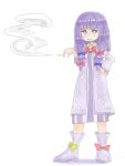  1girl blue_bow blunt_bangs boots bow bowtie bright_pupils cigarette commentary_request cookie_(touhou) dress flat_chest footwear_bow full_body hair_bow hand_on_own_hip holding holding_cigarette kanakamei1 long_hair long_sleeves looking_at_viewer medium_bangs patchouli_knowledge purple_dress purple_eyes purple_hair red_bow red_bowtie sharp_teeth sidelocks simple_background smoke smoking solo standing striped_clothes striped_dress taisa_(cookie) teeth touhou v-shaped_eyebrows vertical-striped_clothes vertical-striped_dress white_background white_pupils yellow_bow 
