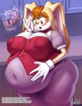  2022 5_fingers absurd_res anthro belly big_belly big_breasts blush breasts brown_eyes burping clothed clothing curvy_figure digital_media_(artwork) eyelashes female fingers gloves hair hand_on_stomach handwear hi_res inside lagomorph leporid looking_down mammal mature_female milkybody motion_lines navel_outline nipple_outline open_mouth orange_hair overweight overweight_anthro overweight_female rabbit sega signature solo sonic_the_hedgehog_(series) standing text tight_clothing url vanilla_the_rabbit weight_gain wide_hips 