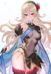  1girl bangs bare_shoulders black_dress black_gloves black_panties blush breasts commentary corrin_(female)_(fire_emblem) corrin_(fire_emblem) covered_navel detached_sleeves dress fairy_wings fake_wings fire_emblem fire_emblem_fates fire_emblem_heroes flower gloves green_hairband grey_hair grey_sleeves grin hair_between_eyes hairband haru_(nakajou-28) highres long_hair looking_at_viewer medium_breasts official_alternate_costume panties pointy_ears red_eyes red_flower red_rose rose see-through smile solo thighhighs thorns underwear very_long_hair wavy_hair white_background wings 