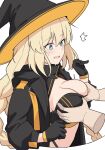  1girl aesc_(fate) blonde_hair blue_eyes blush braid breasts cleavage disembodied_hand fate/grand_order fate_(series) grabbing grabbing_another&#039;s_breast hat large_breasts long_hair long_sleeves open_mouth shiseki_hirame solo_focus twin_braids witch_hat 