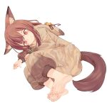  1girl absurdres animal_ear_fluff animal_ears barefoot brown_hair chaosexceed closed_mouth commission feet fox_ears fox_girl full_body highres hood hood_down jewelry long_sleeves lying necklace on_side onesie original pixiv_commission red_eyes second-party_source simple_background smile soles solo tail toes white_background 