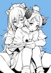  2girls animal_ears blurry blurry_background borrowed_garments fingernails grey_eyes greyscale_with_colored_background hair_bun handheld_game_console holding holding_handheld_game_console hololive horns hug hug_from_behind knees_up lion_ears lion_girl multiple_girls muraji nintendo_switch nintendo_switch_lite no_pants official_alternate_hairstyle oversized_clothes oversized_shirt purple_eyes sheep_girl sheep_horns shirt shishiro_botan short_sleeves simple_background single_hair_bun sitting spot_color t-shirt tsunomaki_watame virtual_youtuber yuri 