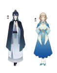  1boy 1girl absurdres aqua_eyes arms_behind_back black_cloak black_footwear black_hair blonde_hair blue_dress blue_eyes blue_footwear blue_hair braid chinese_clothes chinese_commentary chinese_text cloak cloud_print dress earrings full_body gradient_hair hair_rings hand_up hanfu highres holding holding_pen jewelry jiaoling_ruqun long_hair long_sleeves looking_at_viewer multicolored_hair open_mouth original pen pendant print_dress qiushiri robe sash simple_background smile standing symbol-shaped_pupils tassel translated two-tone_footwear white_background white_footwear wide_sleeves yellow_tassel 