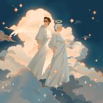  2boys 7203274984 angel angel_wings aziraphale_(good_omens) cloud crowley_(good_omens) glasses good_omens highres long_sleeves multiple_boys red_hair sparkle_background white_hair wings 