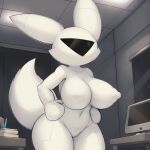  2024 anthro big_breasts boogie_(species) bound breasts canid canine drone electronics encasement female fluffy fluffy_tail fox genitals hand_on_hip latex mammal monitor nipples office ozoneserpent pussy solo tail thick_thighs white_latex wide_hips 