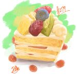  absurdres artist_name berry blueberry cake cake_slice food food_focus fruit highres icing kiwi_(fruit) kiwi_slice no_humans original pastry pineapple pineapple_slice takisou_sou 