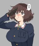  1girl akiyama_yukari black_jacket breasts brown_eyes brown_hair girls_und_panzer grey_background henriiku_(ahemaru) highres jacket large_breasts ooarai_military_uniform pocket salute sick snot 