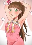 !? 1girl alternate_hairstyle armpits arms_up bee_(j2ooeah1yk5bv49) blunt_bangs blush bow breasts brown_hair collarbone commentary dress green_eyes hair_tie_in_mouth highres long_hair looking_at_viewer love_live! love_live!_superstar!! medium_breasts mouth_hold pink_dress sakurakoji_kinako solo standing steam sweat tying_hair upper_body white_bow 