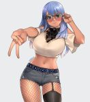  1girl adjusting_eyewear benikake_sora blue_hair breasts closed_mouth commission contrapposto cropped_shirt cross cross_necklace fishnet_pantyhose fishnets glasses gradient_hair grey_background grey_shorts gyaru_v highres indie_virtual_youtuber jewelry large_breasts looking_at_viewer midriff multicolored_hair multiple_necklaces navel necklace pantyhose pearl_necklace pink-tinted_eyewear round_eyewear short_shorts short_sleeves shorts signature simple_background single_thighhigh skeb_commission smile solo tachibana_roku thighhighs tinted_eyewear v 