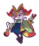  1girl animal_ear_fluff animal_ears animal_feet animal_hands animal_nose bag black_fur blue_hakama blush blush_stickers body_fur braixen clenched_hand commentary_request detached_sleeves fangs flat_chest floral_print flower fox_ears fox_girl fox_tail full_body furry furry_female green_kimono green_sleeves hair_flower hair_ornament hakama hakama_skirt hands_up happy highres holding holding_bag japanese_clothes kazuairou kimono long_sleeves looking_at_viewer open_mouth pelvic_curtain pink_flower pokemon pokemon_(creature) pouch red_eyes sideways_mouth simple_background skirt sleeveless sleeveless_kimono smile snout solo standing stick tail transparent_background underlighting white_fur wide_sleeves yellow_fur 