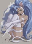  1girl absurdres animal_ears animal_hands aqua_eyes ass bare_shoulders blue_eyes breasts cat_ears cat_tail closed_mouth collarbone commentary fangs felicia_(vampire) grey_background highres hugging_own_legs knees_up light_smile lips long_hair looking_at_viewer medium_breasts revealing_clothes sitting solo tail thighs tyanoki vampire_(game) very_long_hair white_fur 