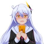  1girl absurdres ahoge alternate_costume cellphone diamond-shaped_pupils diamond_(shape) hair_ornament highres holding holding_phone honkai_(series) honkai_impact_3rd hood hoodie kiana_kaslana kiana_kaslana_(herrscher_of_the_void) long_hair long_sleeves phone shaded_face smartphone starfish_hair_ornament symbol-shaped_pupils upper_body wavy_mouth white_hair yellow_eyes yudey27 