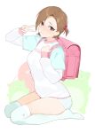  1girl absurdres backpack bag blush brown_hair highres idolmaster idolmaster_cinderella_girls looking_at_viewer mizuki_seira onao one_side_up pina_korata pink_bag randoseru seiza sitting solo thighhighs v 