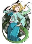  1girl antlers blonde_hair blue_shirt dragon_girl dragon_horns dragon_tail eichi_yuu horns kicchou_yachie looking_at_viewer otter otter_spirit_(touhou) red_eyes shirt short_hair smile square_neckline tail touhou turtle_shell yellow_horns 