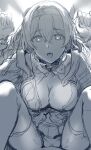  1boy 1girl absurdres breasts bright_pupils firefly_(honkai:_star_rail) greyscale hair_between_eyes hairband hews highres honkai:_star_rail honkai_(series) long_hair looking_at_viewer medium_breasts monochrome nipples open_mouth pov sex solo_focus sweat thighhighs unfinished white_pupils 