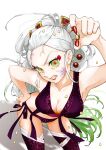  1girl absurdres arm_up armpits beans bent_over bikini breasts cleavage daki_(kimetsu_no_yaiba) fang fingernails food frown green_eyes green_hair hair_ornament hair_pulled_back hair_stick hand_on_hip highres holding holding_food kimetsu_no_yaiba large_breasts long_fingernails long_hair looking_at_viewer multicolored_hair nail_polish oni poffso ponytail setsubun side-tie_bikini_bottom slit_pupils solo soybean swimsuit thighhighs two-tone_hair veins very_long_hair white_hair 