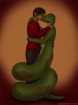 2014 anthro apode blush casual_nudity clothed clothed/nude clothing coiling dark_body dark_skin diamond_(marking) draconcopode eyes_closed green_body green_skin hand_around_neck hand_around_waist hi_res hiras human jeremiah_(disambiguation) jesoran kissing legless male male/male mammal markings naga nude orange_background reptile scalie serpentine shaded simple_background snake uniped watermark