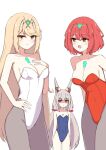  3girls :d alternate_costume animal_ears ass_visible_through_thighs bare_arms bare_shoulders black_leotard blunt_bangs blush breasts chest_jewel chirun0 cleavage cowboy_shot flat_chest hand_on_own_chest hand_on_own_hip highres leotard long_hair low_twintails medium_breasts multiple_girls mythra_(xenoblade) pantyhose pyra_(xenoblade) red_leotard short_hair simple_background smile strapless strapless_leotard swept_bangs twintails very_long_hair white_background white_leotard xenoblade_chronicles_(series) xenoblade_chronicles_2 