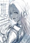  1girl :d apron blush chopsticks egg firefly_(honkai:_star_rail) hair_ornament hairband hews highres holding holding_chopsticks honkai:_star_rail honkai_(series) kitchen ladle long_hair long_sleeves looking_at_viewer monochrome open_mouth shirt sketch smile solo unfinished 