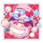  1girl blue_hair blush_stickers bow capelet chibi cup dress fang hat hat_bow in_container in_cup inukkomaru one_eye_closed open_mouth red_eyes remilia_scarlet short_hair solo star_(symbol) sugar_cube teacup teapot touhou wrist_cuffs 