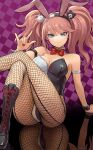  1girl \m/ absurdres animal_ear_hairband animal_ears armlet bare_shoulders black_footwear black_hairband black_leotard blue_eyes boots bow bowtie breasts cleavage crossed_legs danganronpa:_trigger_happy_havoc danganronpa_(series) detached_collar enoshima_junko fake_animal_ears fishnet_pantyhose fishnets hairband highres knee_boots large_breasts leotard looking_at_viewer nail_polish pantyhose playboy_bunny rabbit_ear_hairband rabbit_ears red_bow red_bowtie red_nails reflection smile twintails white_hairband white_leotard youko-shima 