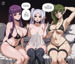  3girls :d :t absurdres areola_slip arm_up armpits black_bra black_panties black_thighhighs bra breasts dangle_earrings earrings elf english_commentary english_text fern_(sousou_no_frieren) frieren green_eyes green_hair grin hands_up high_side_ponytail highres jewelry kyoffie large_breasts long_hair medium_breasts multiple_girls navel open_mouth panties pointy_ears pout purple_eyes purple_hair sitting smile sousou_no_frieren speech_bubble stomach straight_hair take_your_pick tank_top thigh_strap thighhighs thighs twintails ubel_(sousou_no_frieren) underwear underwear_only very_long_hair white_hair white_tank_top 