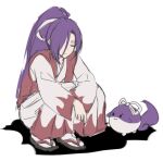  1girl aroevela closed_eyes closed_mouth commentary english_commentary full_body haori japanese_clothes long_hair meira_(touhou) ponytail purple_hair sandals simple_background sitting sketch sukusuku_hakutaku touhou touhou_(pc-98) white_background 