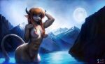  anthro blue_eyes bovid bovine breasts female genitals hair hi_res horn lake mammal medium_breasts moon nipples nude nx147 orange_hair partially_submerged pussy solo tail water 