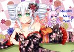  2girls absurdres bare_shoulders black_sister blush breasts drill_hair flower green_eyes hair_flower hair_ornament happy_new_year highres japanese_clothes lewdkuma long_hair medium_breasts multiple_girls neptune_(series) open_mouth pink_hair purple_sister signature twin_drills very_long_hair white_hair 