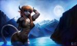 anthro blue_eyes bovid bovine breasts clothed clothing female hair hi_res horn lake mammal medium_breasts moon nx147 orange_hair partially_submerged solo tail water