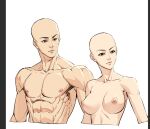  1boy 1girl abs bald bald_girl breasts brown_eyes collarbone cropped_torso eyelashes large_breasts muscular muscular_male nipples nude original qingyun_zhizhe sketch 