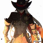 1boy absurdres armor artofmiin belt black_belt black_hair black_hat black_jacket black_pants boothill_(honkai:_star_rail) bullet_earrings commentary covered_eyes cowboy_hat cowboy_shot facing_viewer grin hat hat_feather highres holster holstered honkai:_star_rail honkai_(series) jacket long_hair male_focus mechanical_arms mechanical_hands pants red_scarf scarf sharp_teeth simple_background sleeves_rolled_up smile solo symbol-only_commentary teeth twitter_username unzipped very_long_hair white_background white_hair 