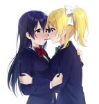  2girls ayase_eli bangs blonde_hair blue_eyes blue_hair blush commentary_request eye_contact food food_in_mouth hair_ribbon highres holding holding_food holding_pocky incoming_pocky_kiss long_hair looking_at_another love_live! love_live!_school_idol_project mouth_hold multiple_girls nanatsu_no_umi otonokizaka_school_uniform pocky pocky_day pocky_in_mouth ponytail ribbon school_uniform shared_food simple_background sonoda_umi staring staring_contest upper_body white_background winter_uniform yuri 
