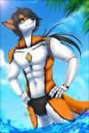  2023 5_fingers abs anthro ariveil athletic athletic_anthro athletic_male black_hair black_nose canid canine canis clothed clothing cybernetics cyborg fingers fox fur hair hi_res hybrid kamikaze_otium machine male mammal multicolored_body multicolored_fur navel orange_body orange_fur partially_submerged signature smile solo speedo standing standing_in_water swimwear topless topless_anthro topless_male two_tone_body two_tone_fur water white_body white_fur wolf 