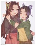  2girls :d absurdres alternate_costume black_hair black_shirt border brown_skirt butterfly_hair_ornament closed_eyes collared_shirt facing_viewer flower gradient_hair green_jacket grey_background hair_flower hair_intakes hair_ornament highres hug jacket kimetsu_no_yaiba kochou_kanae kochou_shinobu kuze_0131 long_hair long_sleeves multicolored_hair multiple_girls open_clothes open_jacket open_mouth pink_eyes pleated_skirt purple_hair red_skirt shiny_hair shirt siblings sisters skirt smile sweater white_border white_shirt wing_collar yellow_sweater 