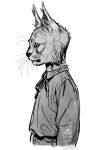  2018 anthro azuza cheek_tuft clothed clothing dated ear_tuft facial_tuft felid feline half-length_portrait inner_ear_fluff lynx male mammal monochrome mouth_closed portrait side_view signature simple_background solo standing tuft whiskers 