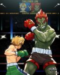  2boys abs absurdres blonde_hair boxing boxing_gloves boxing_ring boxing_shorts ganondorf gerudo highres link male_focus multiple_boys muscular orlek pointy_ears punch-out!! red_hair shorts smile the_legend_of_zelda the_legend_of_zelda:_ocarina_of_time triforce 